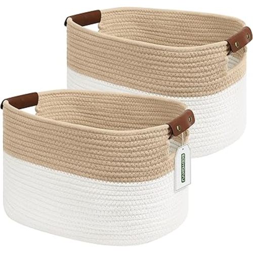 Cotton Rope Basket, Storage Baskets with Handle, 15x10x9 Inch Woven Basket for Shelves, Laundry, Towels, Clothes, Books (White/Beige 2Pack)