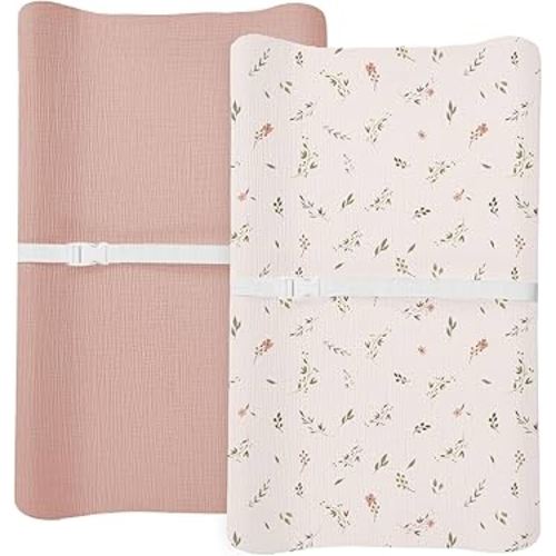 Changing Pad Cover for Baby Boy Girl 2 Pack, Muslin Changing Table Pad Covers with Boho Style, Neutral Nursery Bedding Essentials Soft and Breathable(Petal Leaf & Pink)
