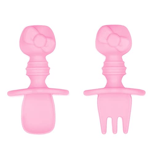 Bumkins Baby Utensils Set, Chewtensils Silicone Spoons for Dipping, Self-Feeding, Baby Led Weaning, Trainer Learning, First Stage Eating, Soft Practice Fork and Spoon, 6 Months, Hello Kitty Pink