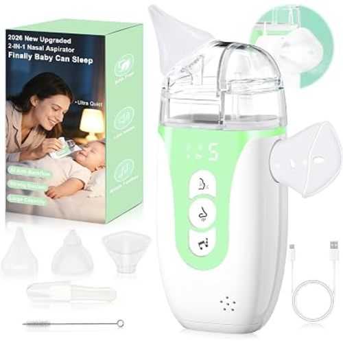 Nasal Aspirator for Baby,2-in-1 Smart Electric Nose Sucker, 2026 Upgraded with AI Anti-Backflow Protection,70Kpa Hospital-Grade Suction,15ml Large Capacity,5 Levels,Ultra-Quiet with Music-Green