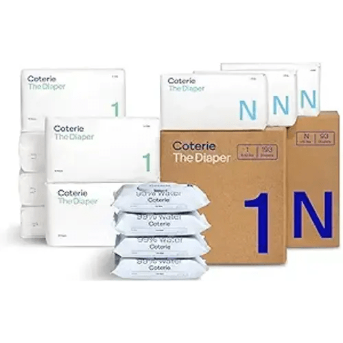 Coterie Baby Wipes + Diapers Kit, Size NB & Size 1 Diapers, 4-Pack Wipes