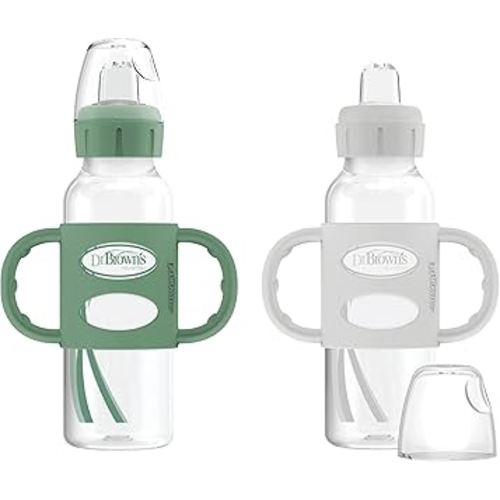 Dr. Brown's Milestones Narrow Sippy Spout Bottle with 100% Silicone Handles, Easy-Grip Handles with Soft Sippy Spout, 8oz/250mL, Green & Gray, 2-Pack, 6m+