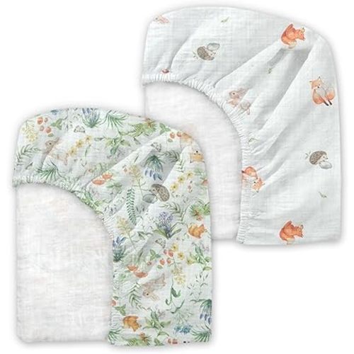 Muslin Crib Sheets 2 Pack - 100% Cotton Soft Breathable Fitted Crib Sheet for Baby Boys Girls, Snug Fit Standard Crib Mattress 52"x28", Woodland Friends