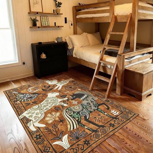 jinchan 5x7 Cute Area Rug Kids Washable Fun Rug Earthy Brown Starlit Boho Indoor Floor Cover Non Slip Lightweight Soft Cozy Animal Throw Carpet for Bedroom Nursery Daycare Living Room Dorm