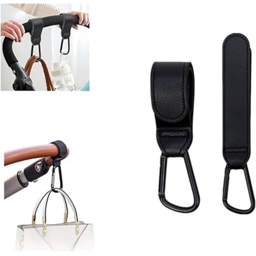 Baby Stroller Hooks Clips, Convenient Pushchair Accessories Mommy Bag Hooks for Hanging Diaper Bags, Multipurpose Hooks for Grocery Shopping Bags Premium Vegan Leather Pram Straps 2 Pcs (Black)