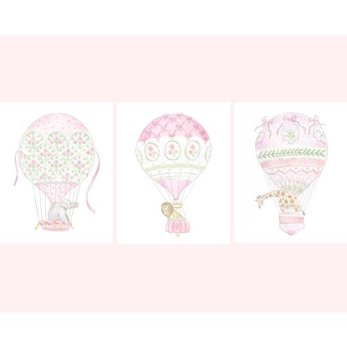 Three Art Prints Giraffe, Lion and Elephant in Hot Air Balloons // Nursery Decor // Hydrangea // Watercolor // Grand millennial // Preppy