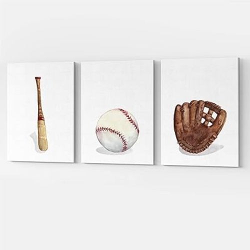 GUBIYU Baseball Wall Art Baby Boys Sports Wall Decor Bedroom Decor Nursery Wall Art Prints Baseball Bat Posters Bat Mitten Ball Canvas Set of 3 Nursery Room Decor Little Man Cave Sign for Boys 12"x16"