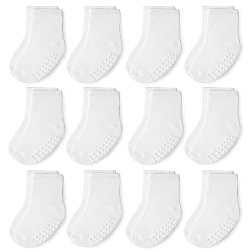 JAKIDAR 12 Pack Baby Toddler Socks Non Slip Grip Cotton Crew Socks for Boys Girls Infants Kids