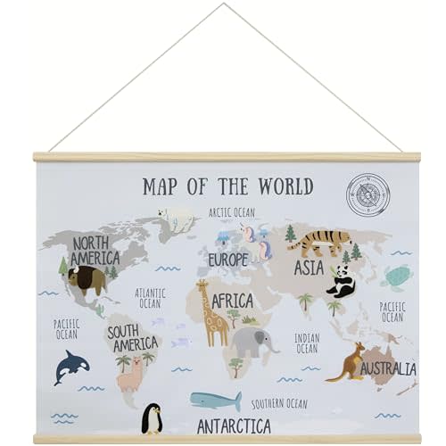 Bon et Beau 32 x 24 Inch Embroidered World Map Poster for Kids with Wood Hanger – Neutral Wall Décor for Boys and Girls Nursery, Bedroom and Playroom