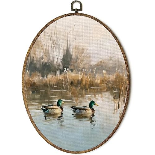 FSTCSV Mallard Duck Oval Wall Art Framed, Vintage Cottagecore Duck Hunting Canvas Prints Wall Hanging Art, Country Mallard Ducks Nursery Oval Walls Decor for Home Living Room Nursery, 8.5x11.5in