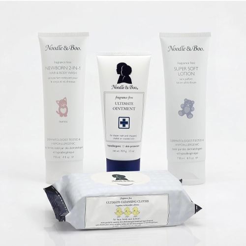Noodle & Boo Fragrance Free Baby Skincare 4-Piece Bundle – Ultimate Baby Ointment, 2-in-1 Newborn Shampoo & Body Wash, Super Soft Baby Lotion & Cleansing Cloths for Sensitive Skin
