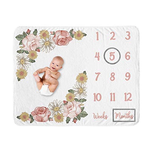 Sweet Jojo Designs Vintage Floral Boho Girl Milestone Blanket Monthly Newborn First Year Growth Mat Baby Shower Memory Keepsake Gift Picture - Blush Pink Yellow Green Shabby Chic Rose Flower Farmhouse