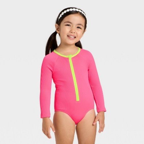 Infant Girls' Long Sleeve One Piece Ribbed Rash Guard Swimsuit - Cat & Jack™ Bright Pink 18M