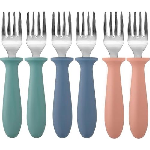 Pimoys 6-Pack Stainless Steel Toddler Forks Baby & Kids Utensils for Self-Feeding Plastic Handle Dishwasher Safe