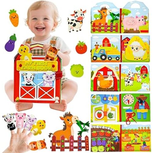 Farm Busy Book for Toddlers 1-3, Busy Book for Toddlers 3-5, Educational Farm Barn Animals Quiet Books with Finger Puppets, Montessori Portable Travel Learning Toys for 1 Year Old Boy Girl Gifts