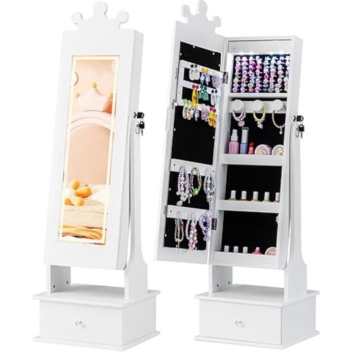 Costzon Kids Jewelry Armoire with LED Lights, Lockable Standing Jewelry Organizer with Full-Length Mirror, Storage Drawer, Children Dress Up Mirror Jewelry Cabinet for Little Girls (White)