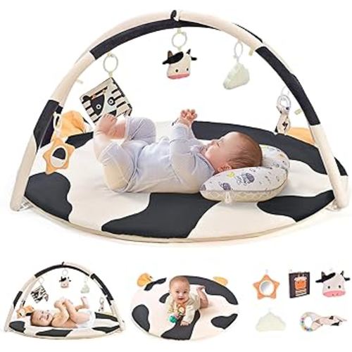 2PM SPORTS Cow Theme Baby Play Mat, Tummy Time Mat for Infant Newborn, Baby Play Gyms & Playmats for 0-3 3-6 6-12 Months, Activity Mat 5 Detachable Toys, Non Slip Gym Mat Easy to Install & Clean