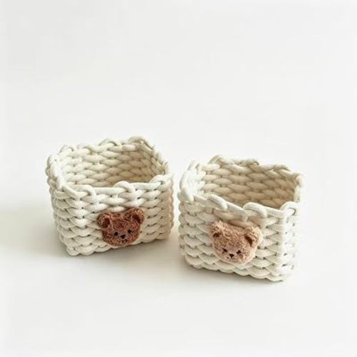Cute Teddy Bear Square Storage Basket 2 Pack – Handmade Woven Rope Bin for Makeup, Remote Controls, Kids Hair Ties, Art Supplies, Desk & Shelf Organizer (7 x 5.5 x 5 Inch)