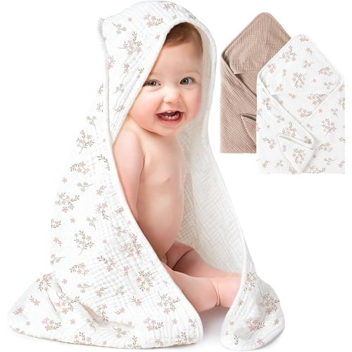 Konssy 2-Pack Muslin Hooded Baby Towels, 100% Cotton, Ultra-Soft & Absorbent Baby Bath Towels with Hood for Newborn & Infant (Taupe,Soft Blooms,32" x 32")