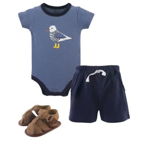 Hudson Baby Infant Boy Cotton Bodysuit, Shorts and Shoe 3pc Set, Seagull, 0-3 Months