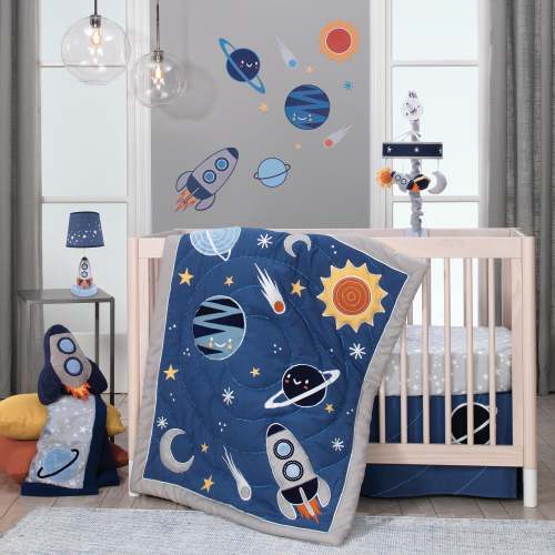 Milky Way Blue/Gray Space Galaxy 4-Piece Nursery Baby Crib Bedding Set – Lambs & Ivy