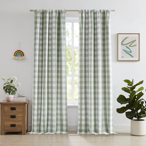 84 Inch Sage Green Buffalo Plaid Full Blackout Curtains | Farmhouse Living Room Bedroom Panels,Darkening Thermal Insulated Double-Layer Drapes,Rod Pocket Back Tabs,40"Wx84"Lx2