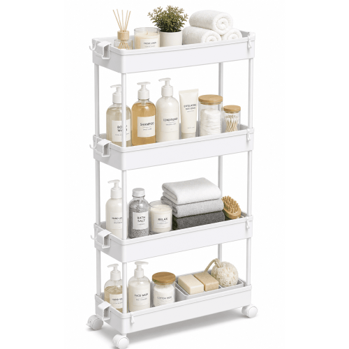 4-Tier Plastic Rolling Utility Cart with Wheels, Multi-Functional Storage Trolley for Office, Living Room, Kitchen,White