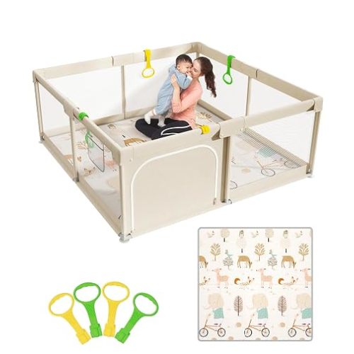 Mloong Baby Playpen with Mat - 59x59 Inches Extra Large Playpen for Babies and Toddlers, Indoor & Outdoor Activity Center, Safety Baby Fence