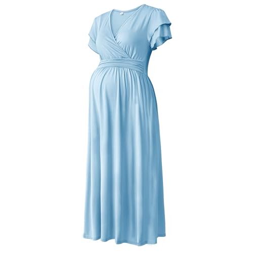 Women Maternity Maxi Dress V Neck Summer Flowy for Baby Shower | Short Sleeve Wrap Design with Pockets,Soft Stretchy Fit for Growing Bumps,Pregnancy Dress for Photoshoot & Daily Wear