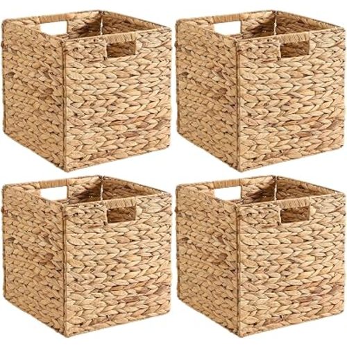 Handwoven Water Hyacinth Storage Baskets set of 4 Foldable Cube Bins Storage Oragnizer for Cabinet Shelf Bedroom Living Room (Natural, 13" L x 13" W x 13" H)