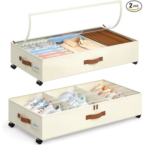 Yecaye Under Bed Storage with Wheels, 2 Pack Under Bed Storage Containers with Adjustable Dividers & Clear Lid, Rolling Underbed Organizer Bins Drawer for Clothes, Shoes, Blankets(30.3 x 16 x 6.7in)