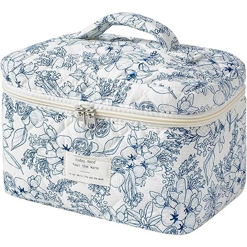 uekeboag Large Travel Quilted Makeup Bag for Women, Floral Cotton Cosmetic Bag, Coquette Aesthetic Floral Toiletry Organizer Bag