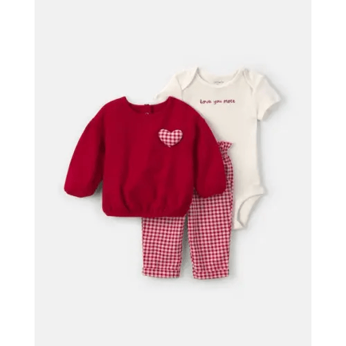 Baby Girl 3-Piece 'Love You More' Gingham Heart Valentine's Day Long-Sleeve Layering Set - Red/Cream | Carter's