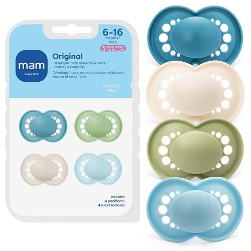 MAM Original Baby Pacifier 6-16 Mths, Skin Soft Silicone Nipple, 4 Pack
