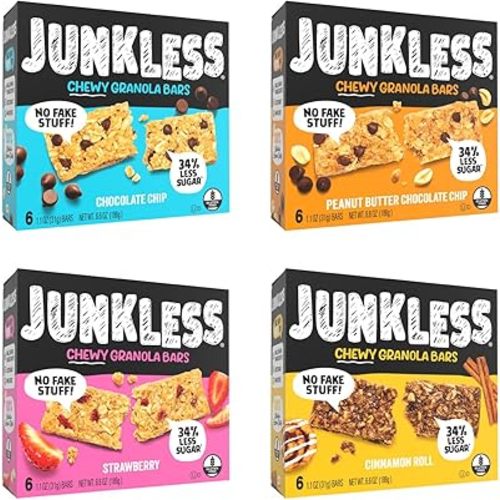 JUNKLESS Chewy Granola Bar 4‑Flavor Variety Pack (24 Bars)–Non‑GMO, Gluten‑Free, Less Sugar Snack Bars— Chocolate Chip, Peanut Butter Chocolate Chip, Cinnamon Roll & Real Strawberry, 4 Boxes