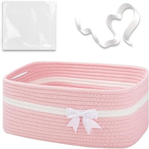 OIAHOMY Large Woven Storage Basket with Handles for Nursery Living Room Shelves, Bow Basket for Gifts Empty with Gift Bags and Ribbons for Baby Showers Pet Toy Bin - Pink