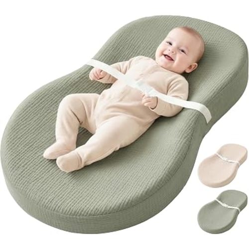 Konssy Muslin Changing Pad with Waterproof Lining Foam, Includes 2 Pack Soft & Cotton Cover, Baby Diaper Changing Pad for Dresser or Table, 32x18 inches (Fog Green,Cream)