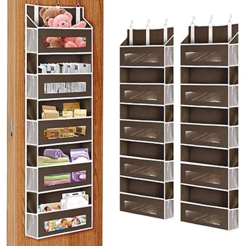 2 Packs 5-Tier Over the Door Storage Organizer with 10 Side Mesh Pockets, 48 lbs Load Capacity, 3 Hooks Design, Hanging Organizer with Clear Windows for Bathroom, Bedroom, Nursery, Kitchen-Brown