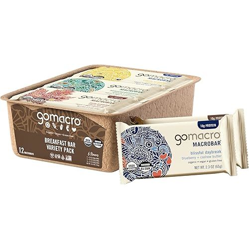 GoMacro Macrobar Organic Vegan Protein Bars, Breakfast Variety Pack, 12 Count