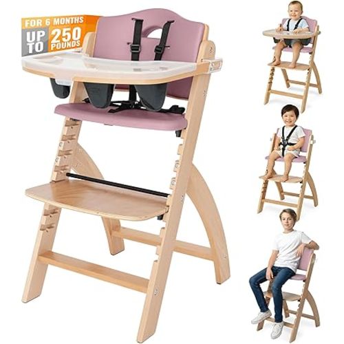 Abiie Beyond Junior Wooden High Chair for Babies and Toddlers - Convertible 3-in-1 Baby Highchair with Removable Tray - 6 Months to 250 Lb - Water Resistant - Natural Wood with Dusty Pink Cushion