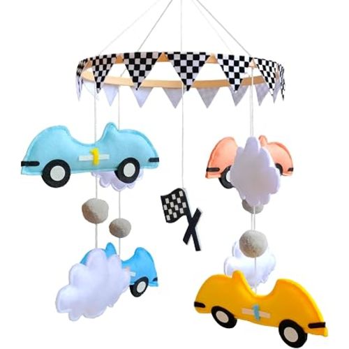 Race Car Baby Crib Mobile for Boys Handmade Felt Nursery Hanging Decor
