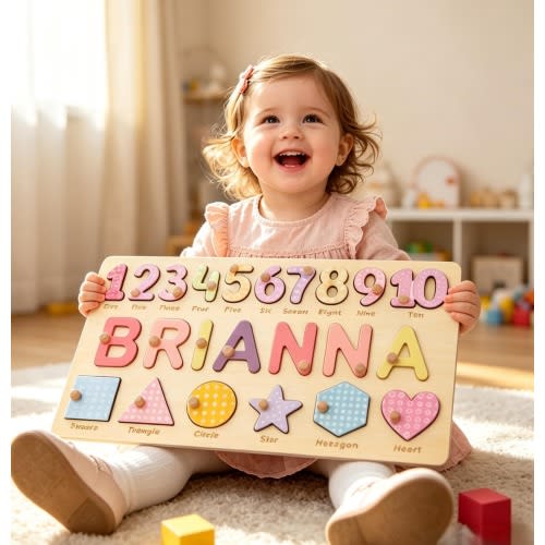 Personalized Wooden Name Puzzle with Shapes & Numbers • Custom Toddler Puzzle Gift • Montessori Learning Toy • Baby Keepsake