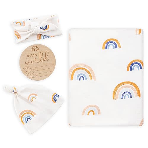 BabyWhale Muslin Swaddle Blanket with Hat and Headband Bow, Rainbow Pattern Swaddle Set for Baby Boys & Girls, Newborn Soft Breathable Unisex Receiving Blanket Wrap, 47x47 inches