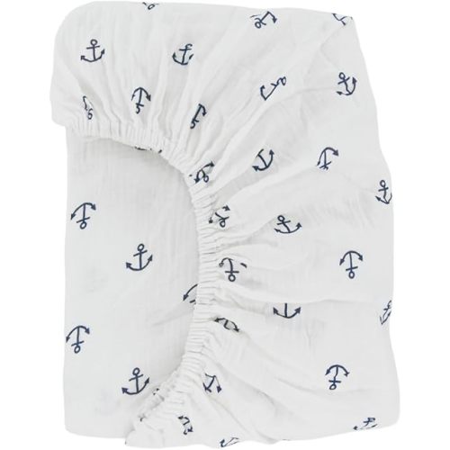 Synrroe Fitted Muslin Crib Sheets, Stretchy Crib Bed Sheets for Babies Boys, Super Soft and Comfortable 100% Cotton Bed Sheets Double Layers (Anchor)