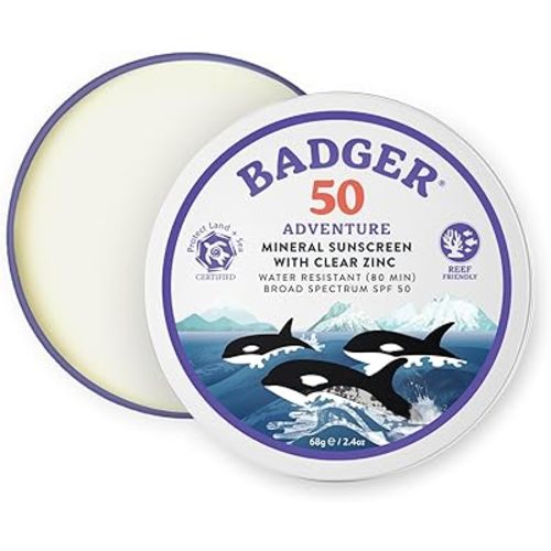 Badger Biodegradable Reef Safe Sunscreen, SPF 50 Mineral Sunscreen, 98% Organic Ingredients, Unscented, Water Resistant Adventure Sport Sun Cream, Travel Size 2.4 oz Tin