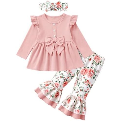 AMAWMW Toddler Baby Girl Clothes Ruffle Top Floral Flare Pants Fall Outfits