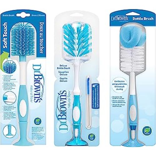 Dr. Brown's Baby Bottle and Nipple Brush Deluxe Cleaner, Soft Touch, and Sponge Brushes, Blue Variety Pack, 3 Count