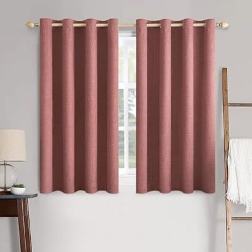 MIULEE 100% Blackout Linen Textured Curtains for Bedroom Solid Thermal Insulated Dusty Rose Grommet Room Darkening Curtains & Drapes Luxury Decor for Living Room 52 x 45 Inch (2 Panels)