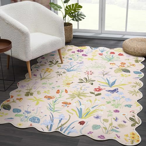 Lansatte Cute Floral Nursery Rug, Boho Aesthetic Colorful Pink Girls Bedroom Rug, Stain Resistant Easy to Clean 5x7 Washable Area Rug for Living Room Dorm Entryway, Sweet Scalloped Throw Rugs Carpet