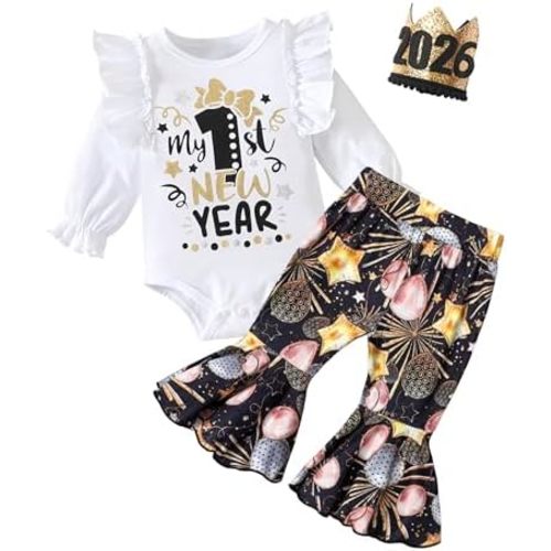 WIQI My First New Years Baby Girl Outfit Ruffle Baby Romper + Printed Flare Pants + 2026 Hat 3Pcs Outfit Set